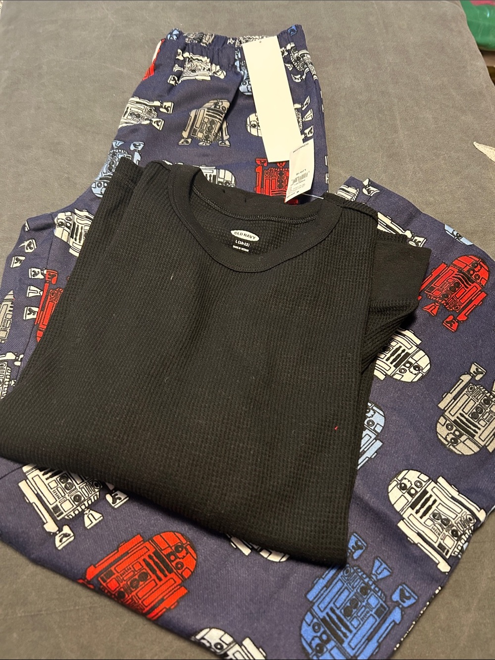 Boys PJ r2d2 bottoms and black waffle top